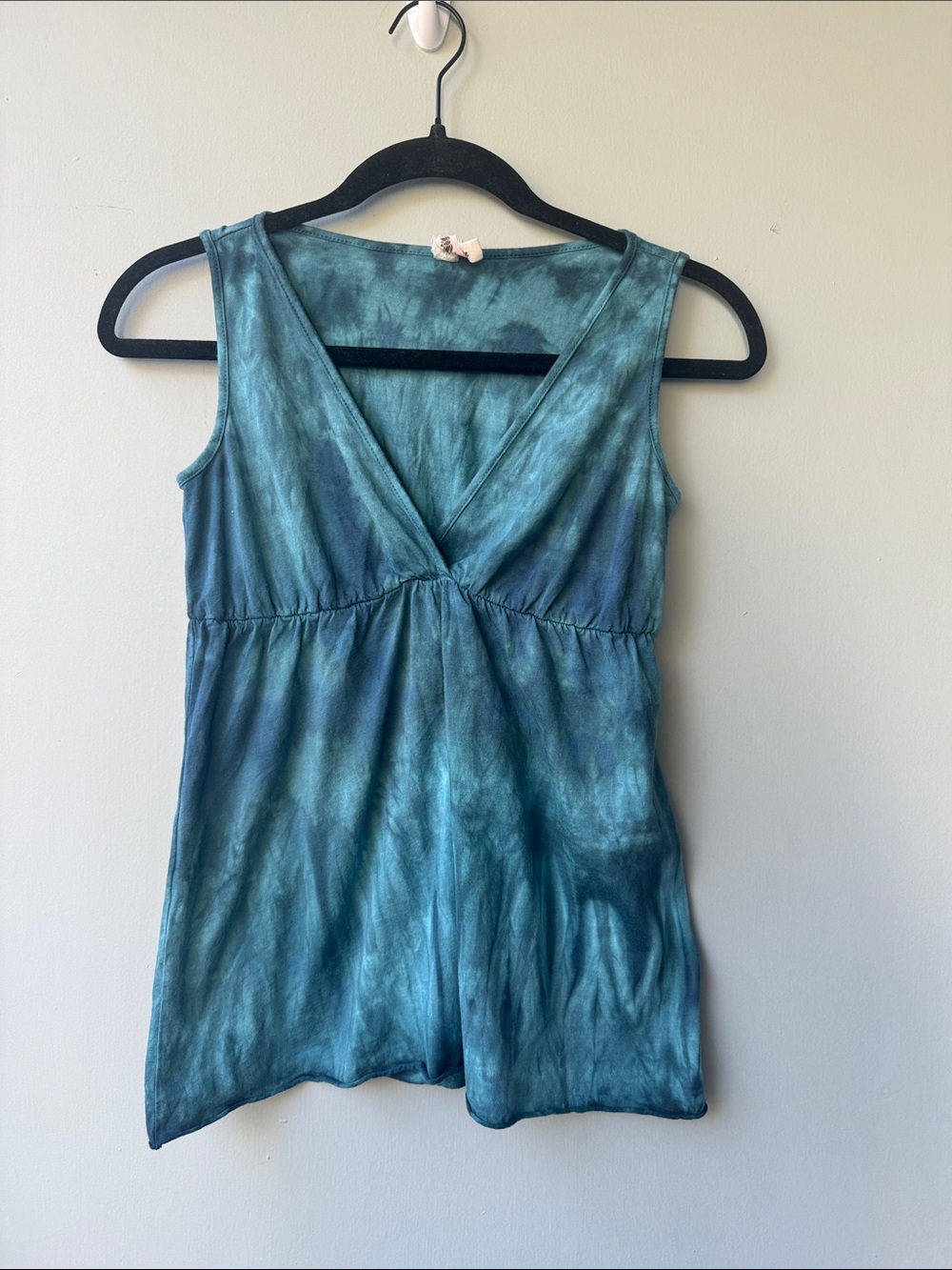 Pink Lotus Teal & Navy Tie-Dye V-Neck Tank Top
